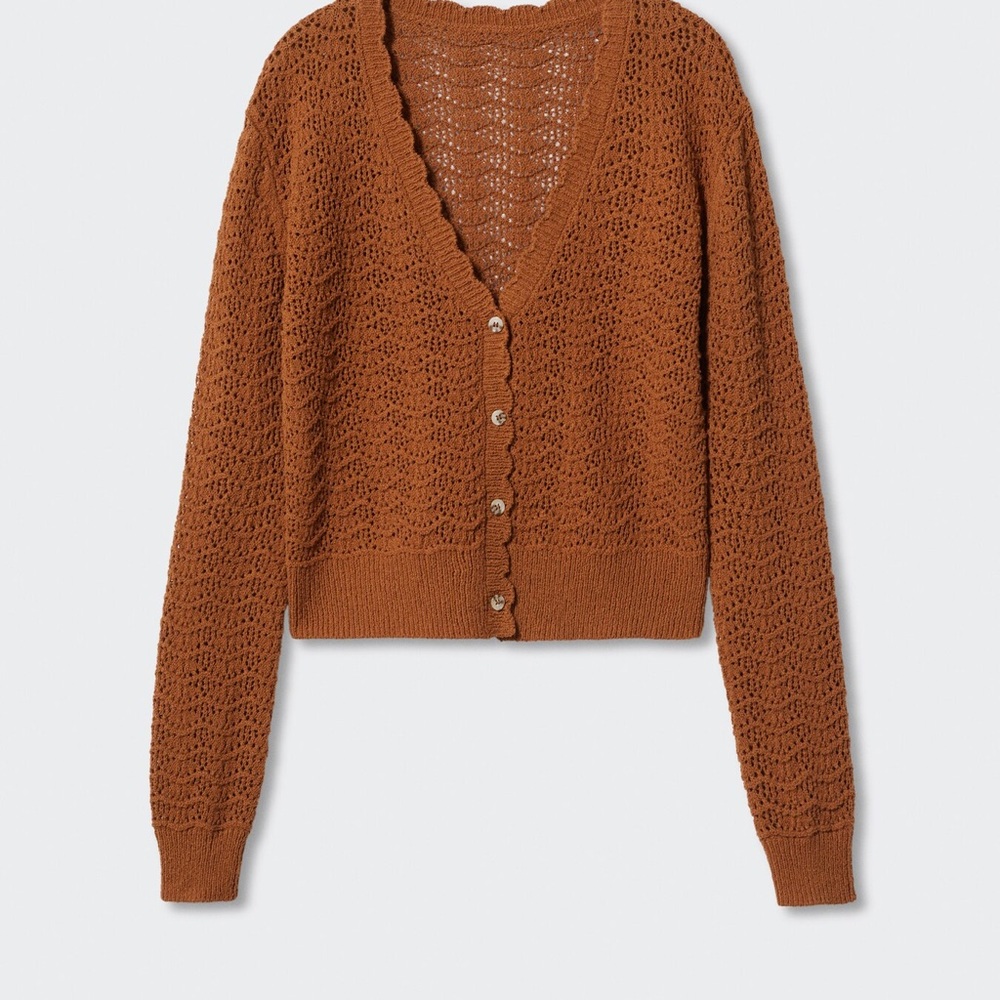 NEW MANGO OPENWORK CARDIGAN WITH SCALLOPED EDGES - BROWN XS
